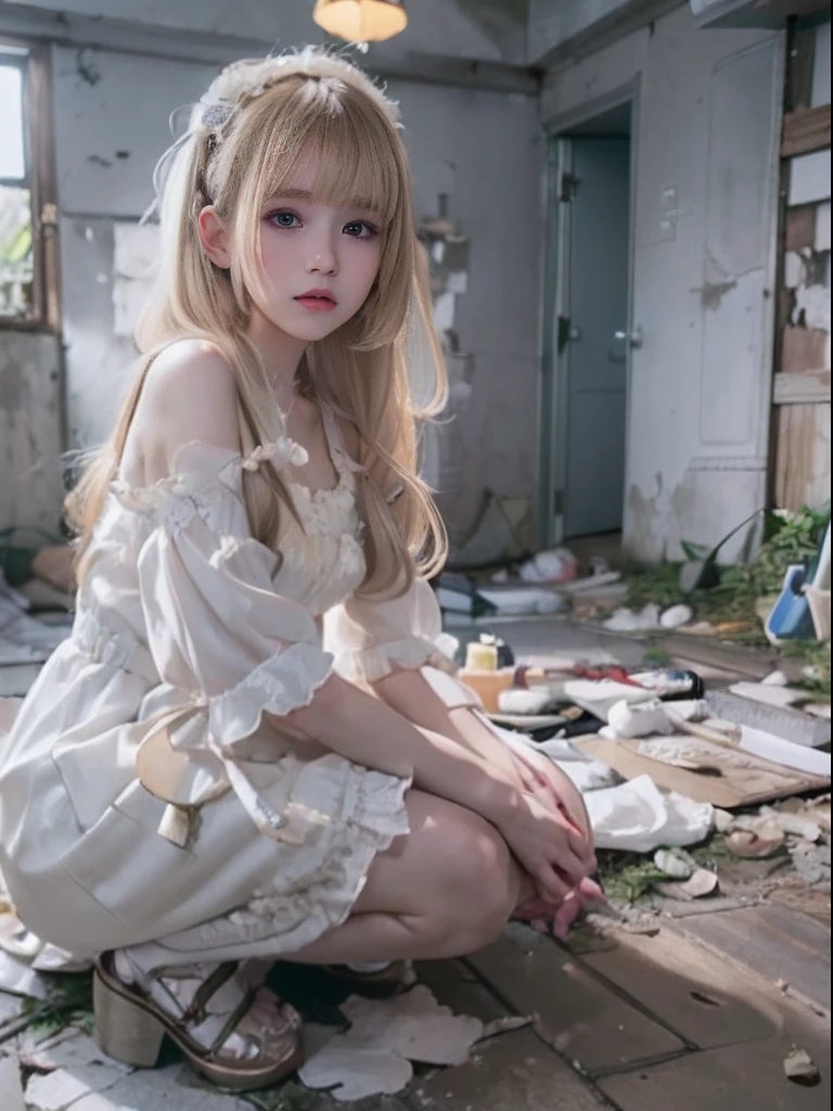 8K, Raw photo, Photorealistic, Realistic, (Detailed skin, Best Quality:1.2), (, Fairer skin, petite body), Teenage gight blonde long_hime_cut_hairstyle), (Full body shot), White sweetlolita Dress, Abandoned hotel, cracked wall, sitting on the floor grasping knees, cinematic lighting