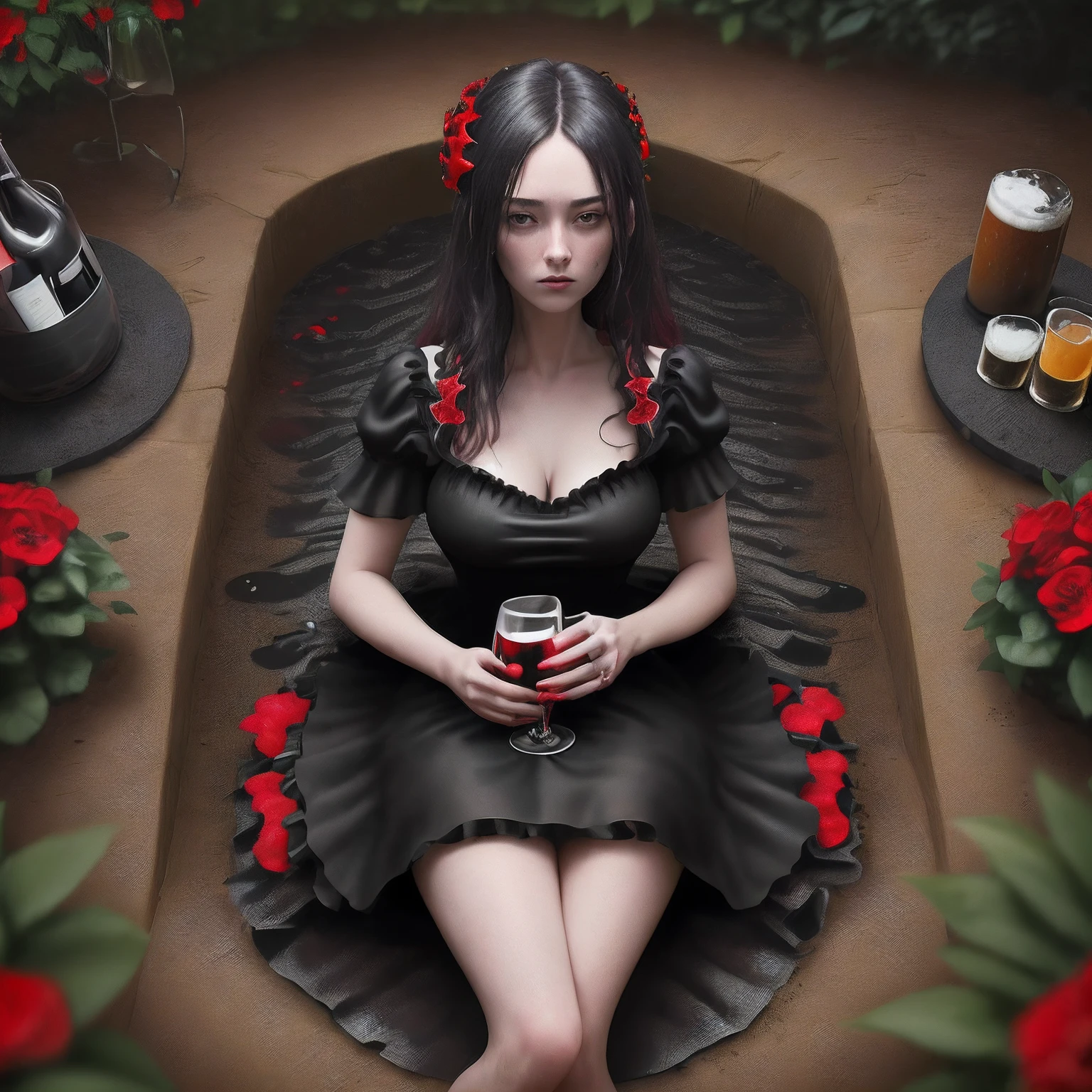dark theme , (best quality, masterpiece:1.2), 18yo girl in garden, black cleavage dress, (red flowers mess in background:1.3) and hold a glass of beer