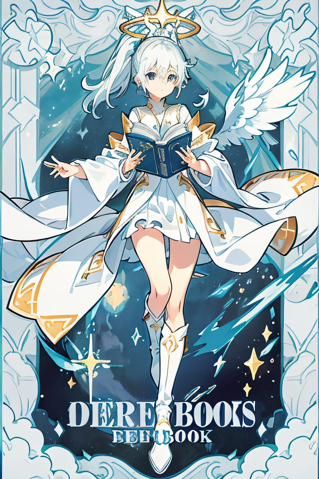 (Lift one of your floating magic books with your left hand（）)),Water magic,(((Magic Array)))1girl, solo, illustration, masterpiece, best quality, detailed background, looking up, star \(sky\), full body, grass, white robe, galaxy, angel wings, halo, white boots, night,High ponytail