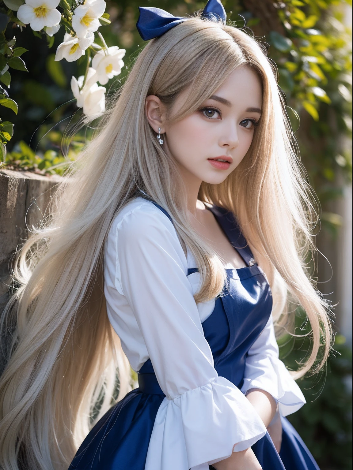 portlate、Alice in Wonderland、Blue sky、Bright and very beautiful face、Young shiny shiny white shiny skin、Best Looks、Platinum blonde hair with dazzling highlights、finer hair、beautiful long back hair that is very straight,,,,,,,,,,,,、Super long silky straight hair、Beautiful bangs that shine、Glowing crystal clear big blue eyes、very beautiful nice beautiful girl、White Apron、red string dress