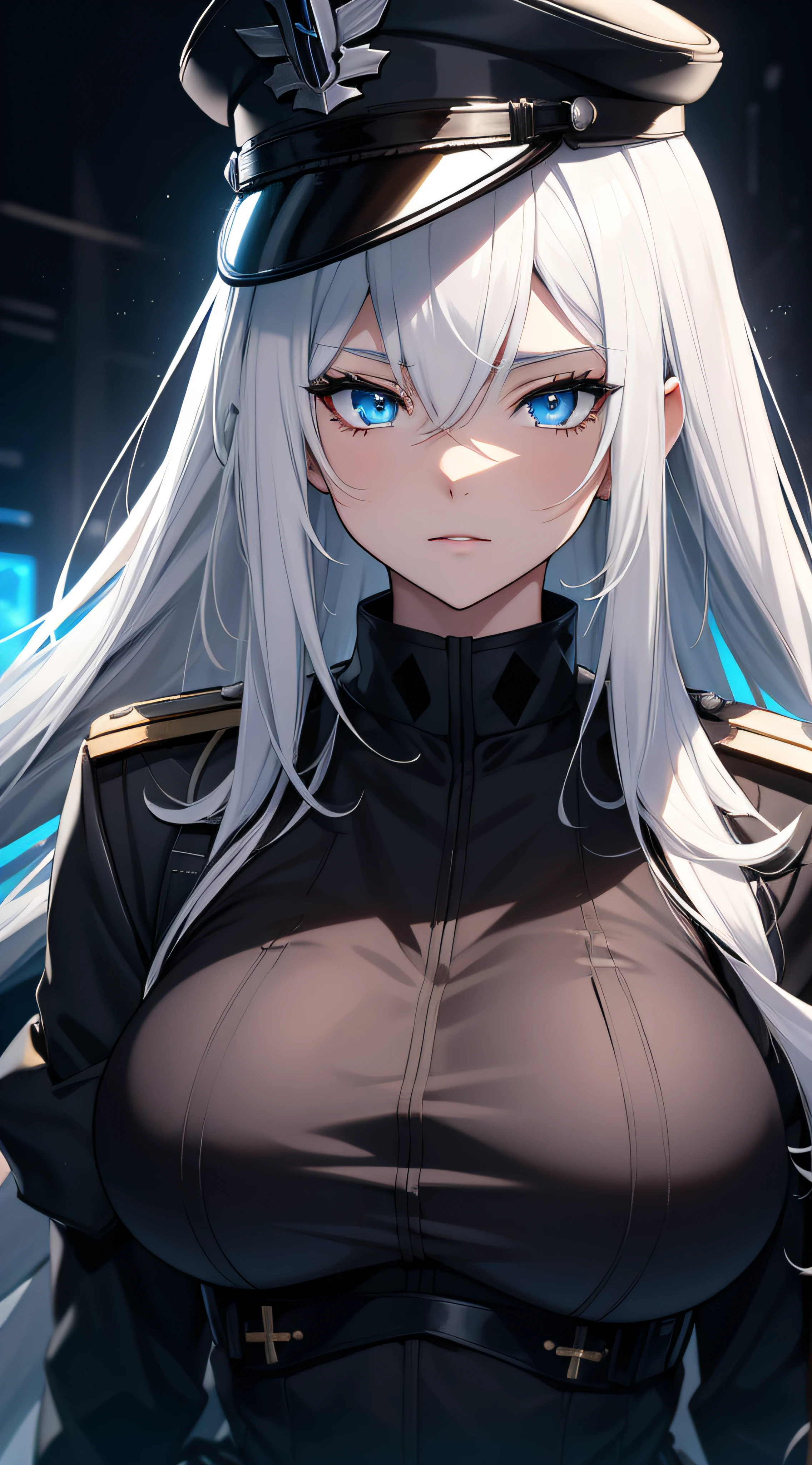 HD, high resolution, anime, waifu, a black closeup of a woman in uniform with hat, frontline girl, huge boobs, Azur runway style, fine details, blue eyes frontline girls, frontline style girls front, white haired deity, Azur Lane characters, big breasts, From the Azur Lane video game, Frontline girls, inspired by Li Chevalier, white hair, long hair, frontline girls, black outfit, Girls Frontline Universe, of arknights, blue eyes, black military hat, black background.