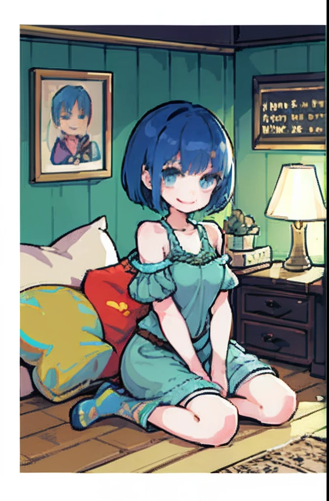 pix, Pixel art, 1girll, Short hair, Blue hair, sitting down on the floor, Body, Smile, cozily, poster for, Fantasy world