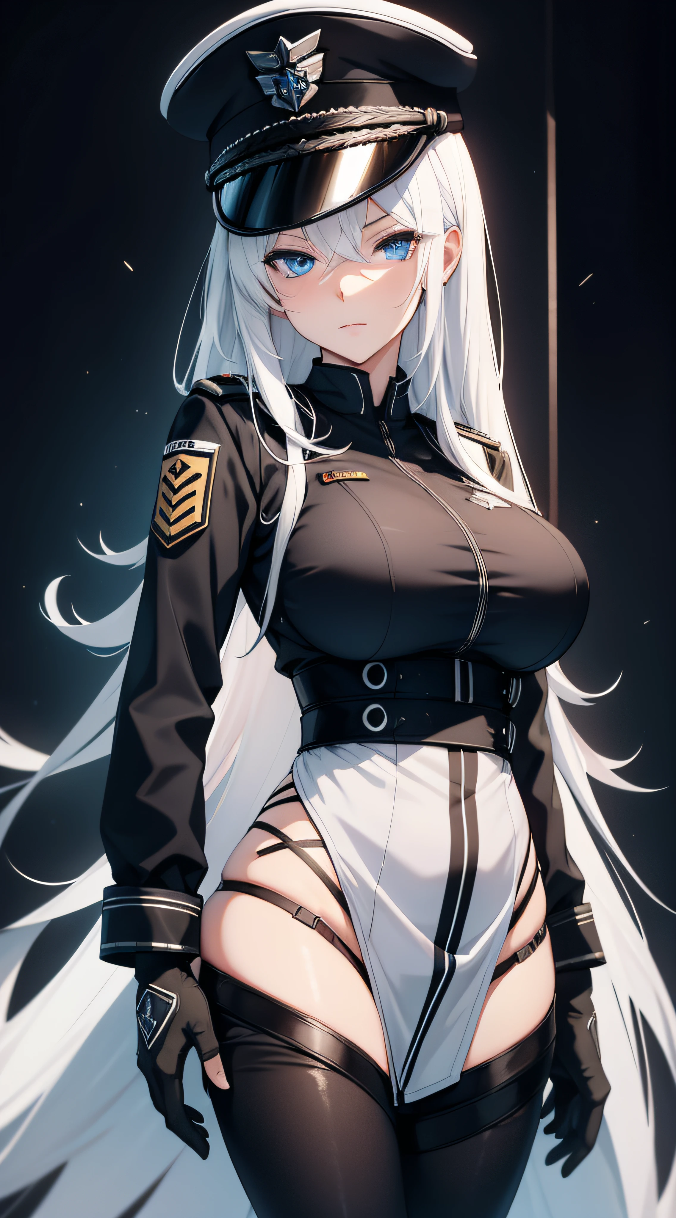 HD, high resolution, anime, waifu, a black closeup of a woman in uniform with hat, frontline girl, huge boobs, Azur runway style, fine details, blue eyes frontline girls, frontline style girls front, white haired deity, Azur Lane characters, big breasts, From the Azur Lane video game, Frontline girls, inspired by Li Chevalier, white hair, long hair, frontline girls, black outfit, Girls Frontline Universe, of arknights, blue eyes, black military hat, black background.
