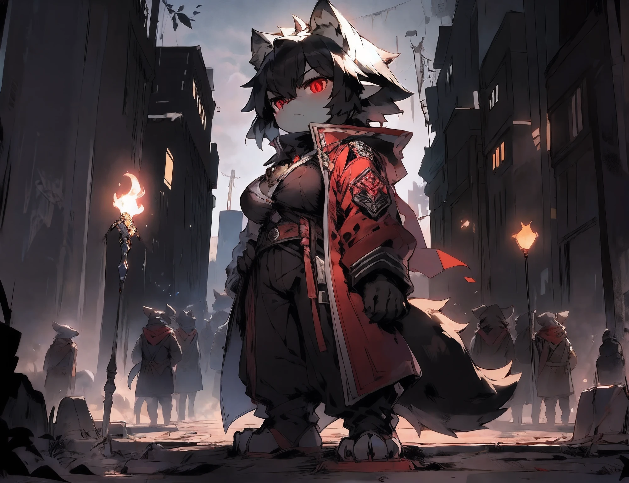 Gray Wolf Girl, Black color hair,Black fur，（Tall guy）， in a soldier uniform,Red armbands，Red flag， Holding a black sword, Background with：废墟, Gray sky,, There are other figures in the distance, Dilapidated buildings, Black hair, The hood worn, army, hair pulled back, Shiny hair, constricted pupil,, Pupil of the slit, Hollow eyes, red color eyes, Wolf ears, long and pointed ears, Serious, Serious, From below, projected inset, stereograms, shadowing, High detail, anime big breast, ccurate, （Best quality）, Anatomically correct，standing on your feet，Look up at the perspective