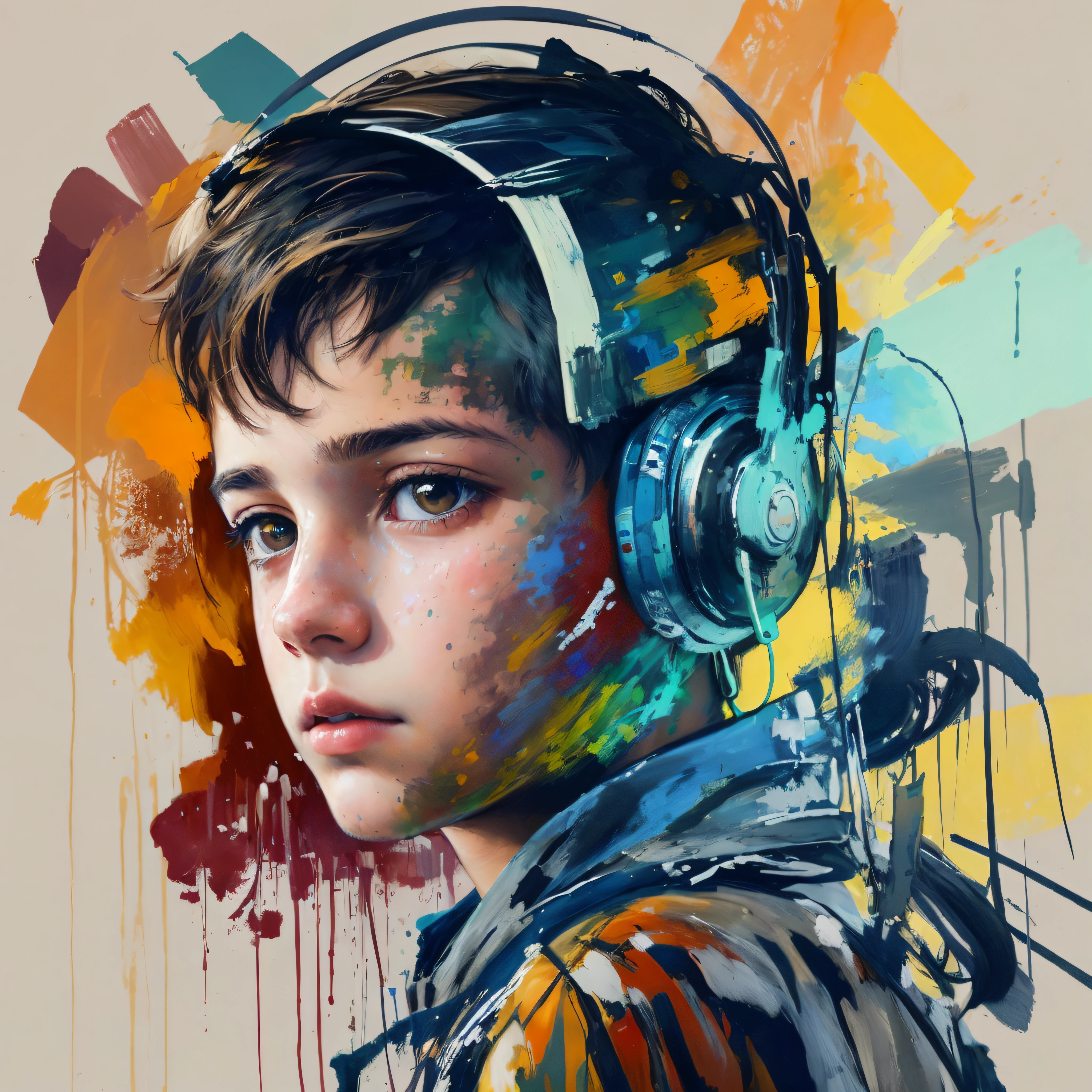 pintura de um menino com fones de ouvido e um splatter de tinta, inspirado em Sam Spratt, obras de arte impressionantes, Arte bonita UHD 4K, Retrato de um menino patchwork, Epic portrait illustration, portrait of a teen robot, pintura digital expressiva, extremely high quality artwork, uma pintura digital expressiva, arte digital pintada, contemporary digital art, pintura digital impressionante