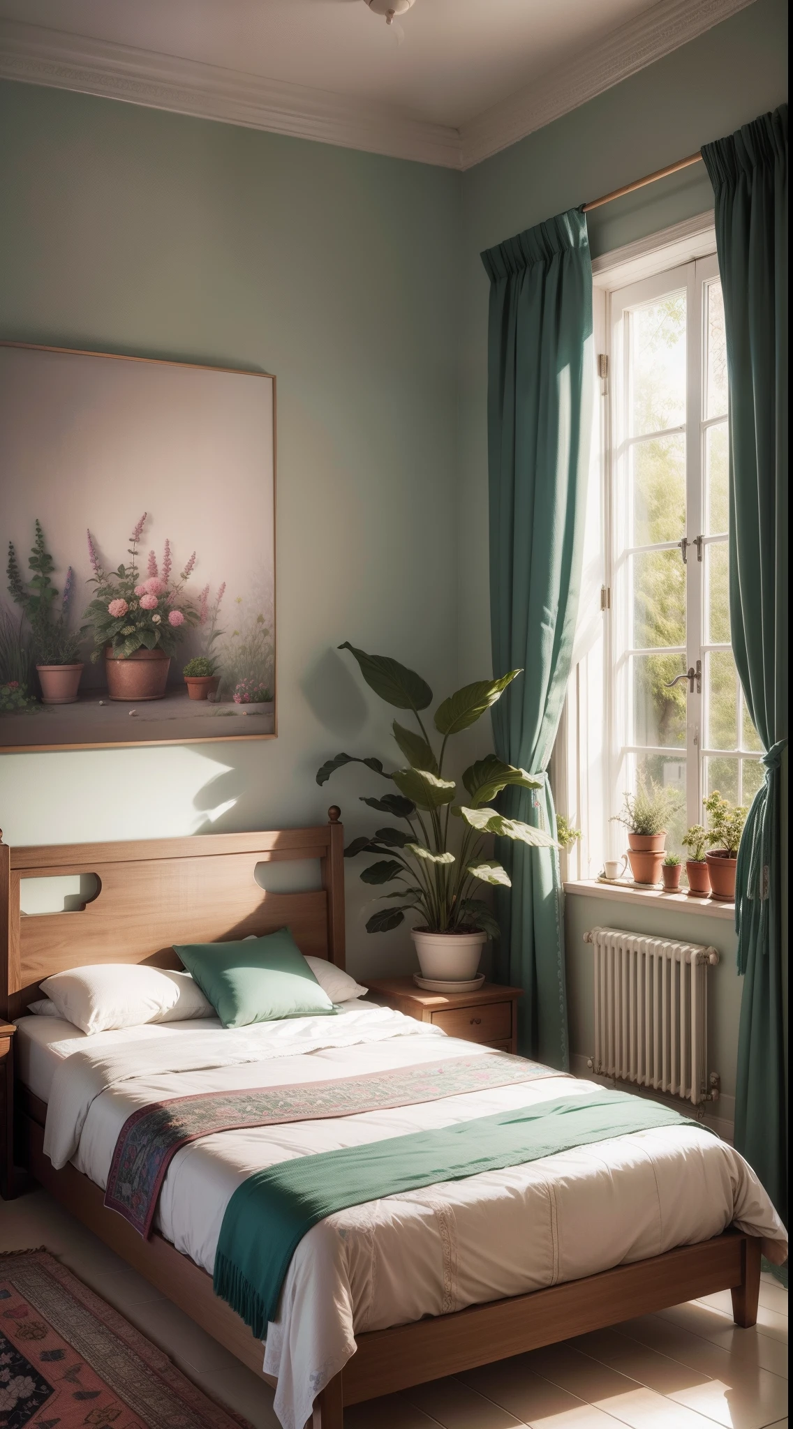 Embroidery art, Pastel, Comfortable bedroom, a plant