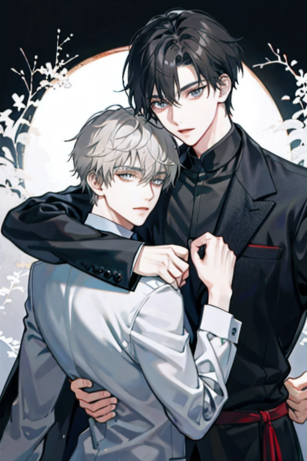 （There were only two men）Black hair blonde eyes man，Hug another gray-haired man。Two men in arms