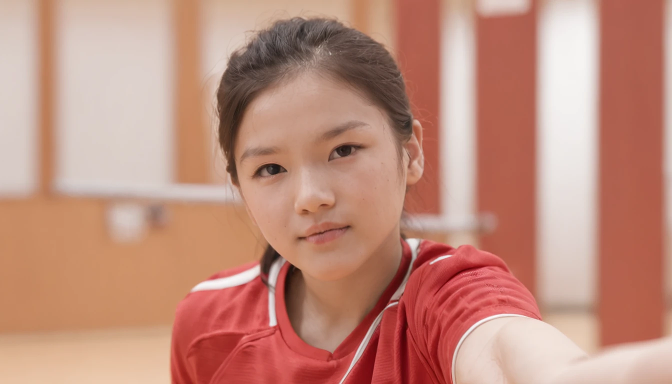 An elementary school girl in a red tracksuit plays in a badminton hall,Waving a racket is very serious,The arena is very big,Bright and clean, The venue is very crowded,photograph realistic
