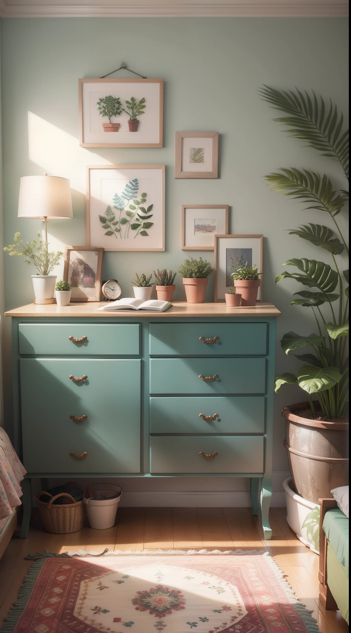 Embroidery art, Pastel,  Comfortable bedroom, a plant