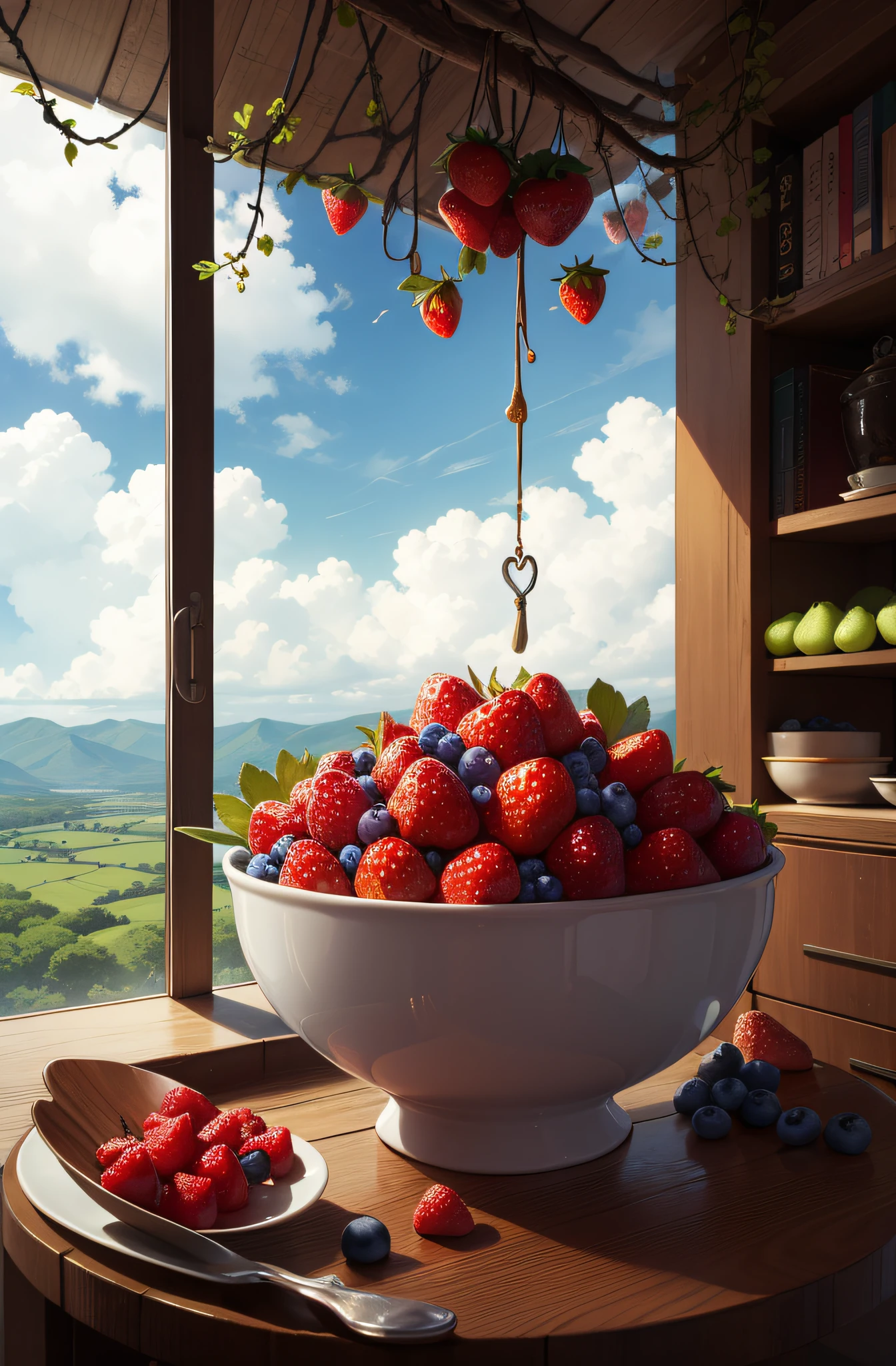 arcadia,in wonderland,Clouds,ciinematic light,A large cluster of strawberries hangs from the tree, morango, berries inside structure, berries dripping, squashed berries dripping, Outstanding detail, berries, fight with strawberries, Strawberry, “berries, fruit trees, strawberry fields forever, Masterpiece works of art, raspberry, squashed berries, Clear detail, Fruit, author:Robert Brackman, mind-blowing detail