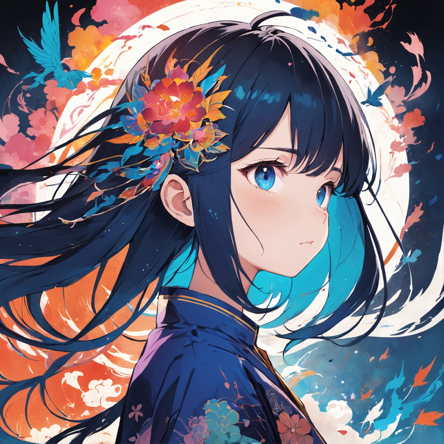 (fundo branco:1.4),(Silhouette of a girl's head, Olhos fechados, cabelos longos coloridos, Elementos Orientais),(Chinese illustration:1.3,arte em papel:1.3, Arte em papel acolchoado:1.2),( Reasonable design, linhas claras, alta nitidez,best quality, Very detailed, master part, Efeito de luz do filme, 4k )
