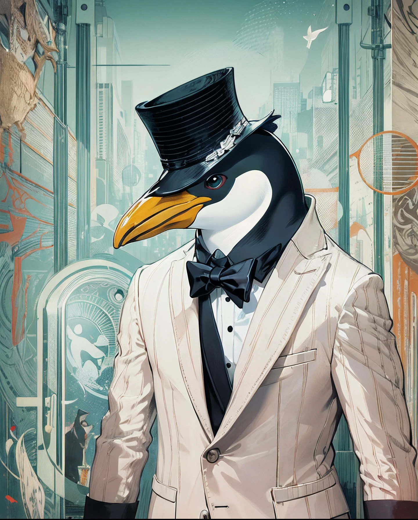 Craft an intriguing magazine cover featuring an unexpected animal, a fashionable penguin, impeccably dressed in a tailored tuxedo, highlighting the surprising contrast between the animal and the attire, against a modern, abstract background, an atmosphere of quirky sophistication, Digital art, Adobe Photoshop with a Wacom tablet