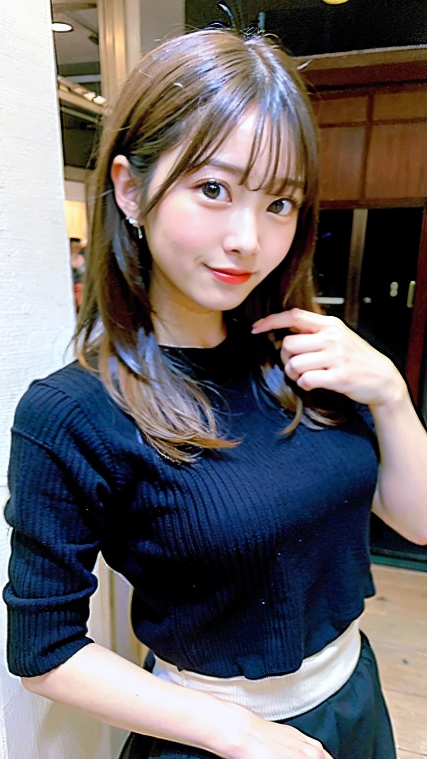 (top-quality、8K、32K、masterpiece、nffsw:1.2)、1girl in、beautiful japanese female、big breasts thin waist、(Beloved face)、(Women's Ana Style Costume)、(Black knitwear)、(Mimoa length skirt)、Elegance Casual)、25-years old、Cinematic Light、(Bite Pose:1.2)、(A little strong and beautiful)、