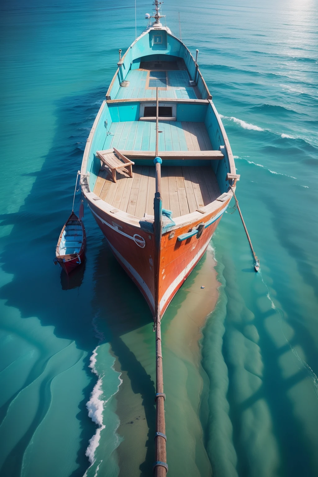 A colorful boat in the middle of a blue pool photographed from a drone perspective