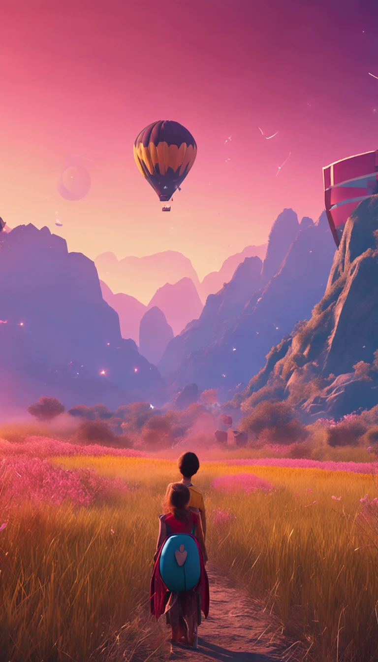 As estrelas，the night，Kong Mingding，hot air balloon，A high resolution，grassy fields，A group of people