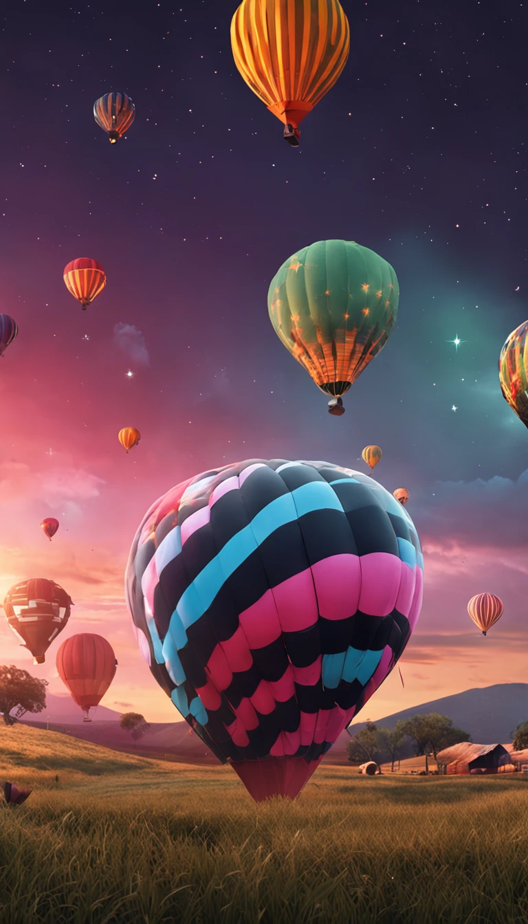 As estrelas,the night,Kong Mingding,hot air balloon,A high resolution,grassy fields,A group of people