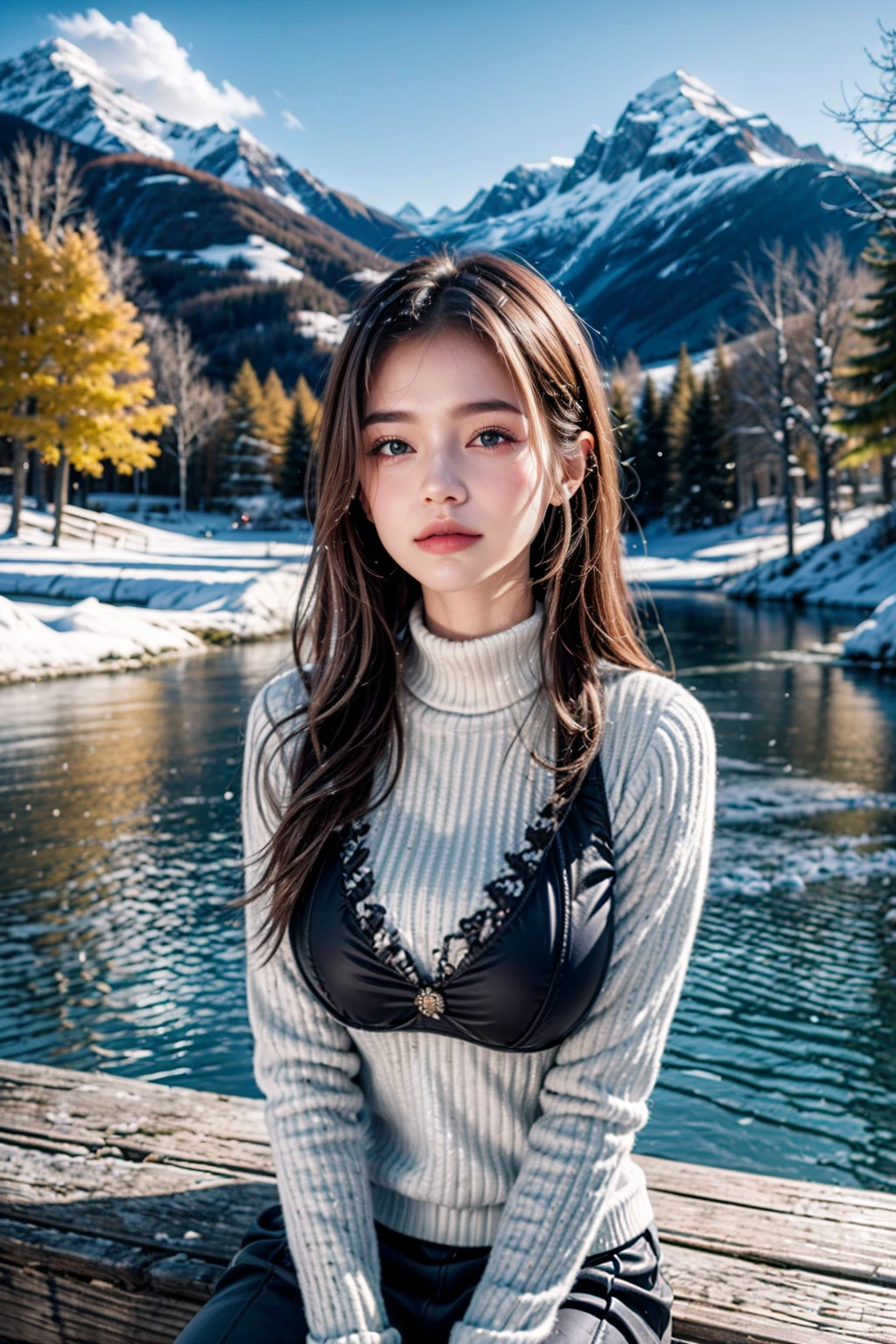 (masterpiece), (best quality:1.4), absurdres, [:intricate details:0.2], 1girl, tree, snow, solo, outdoors, water, mountain, large breasts, bikini, long hair, scenery, winter, lake, (looking at viewer:1.2), day, sky, reflection