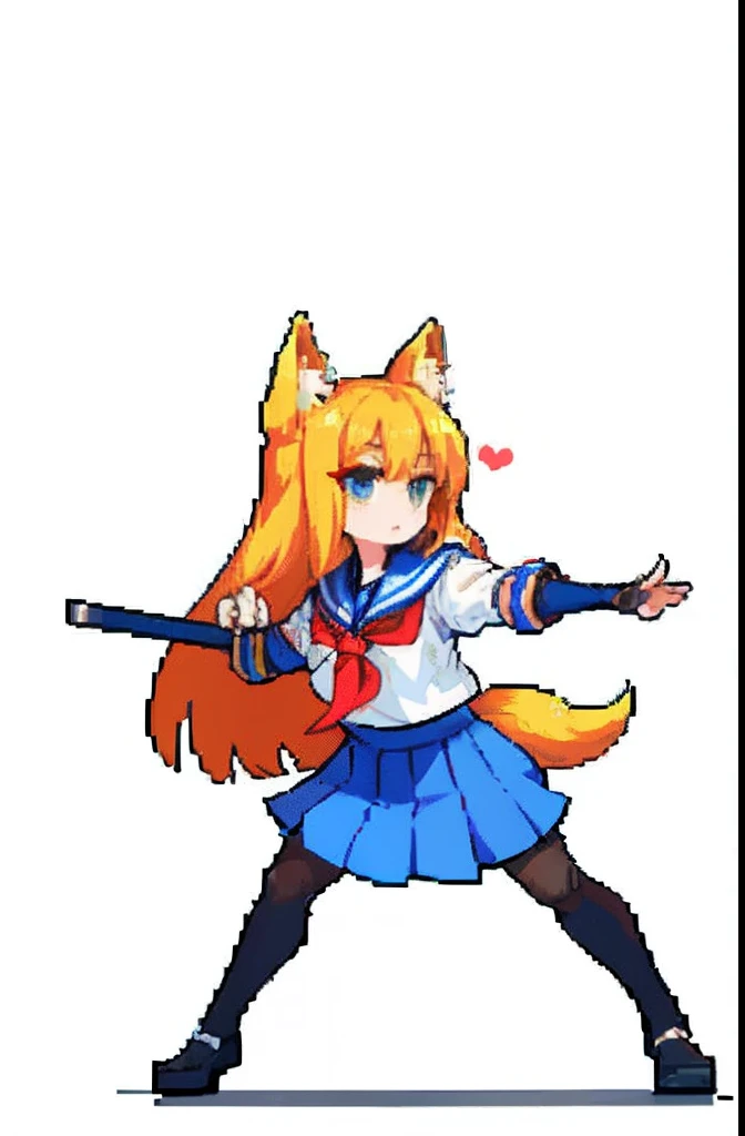 (tmasterpiece,top Quority,best qualtiy),pix,pixelart,1girll,full bodyesbian,Fox Maiden,whaite hair,katana swords,Offensive stance,a sailor suit,Manteau