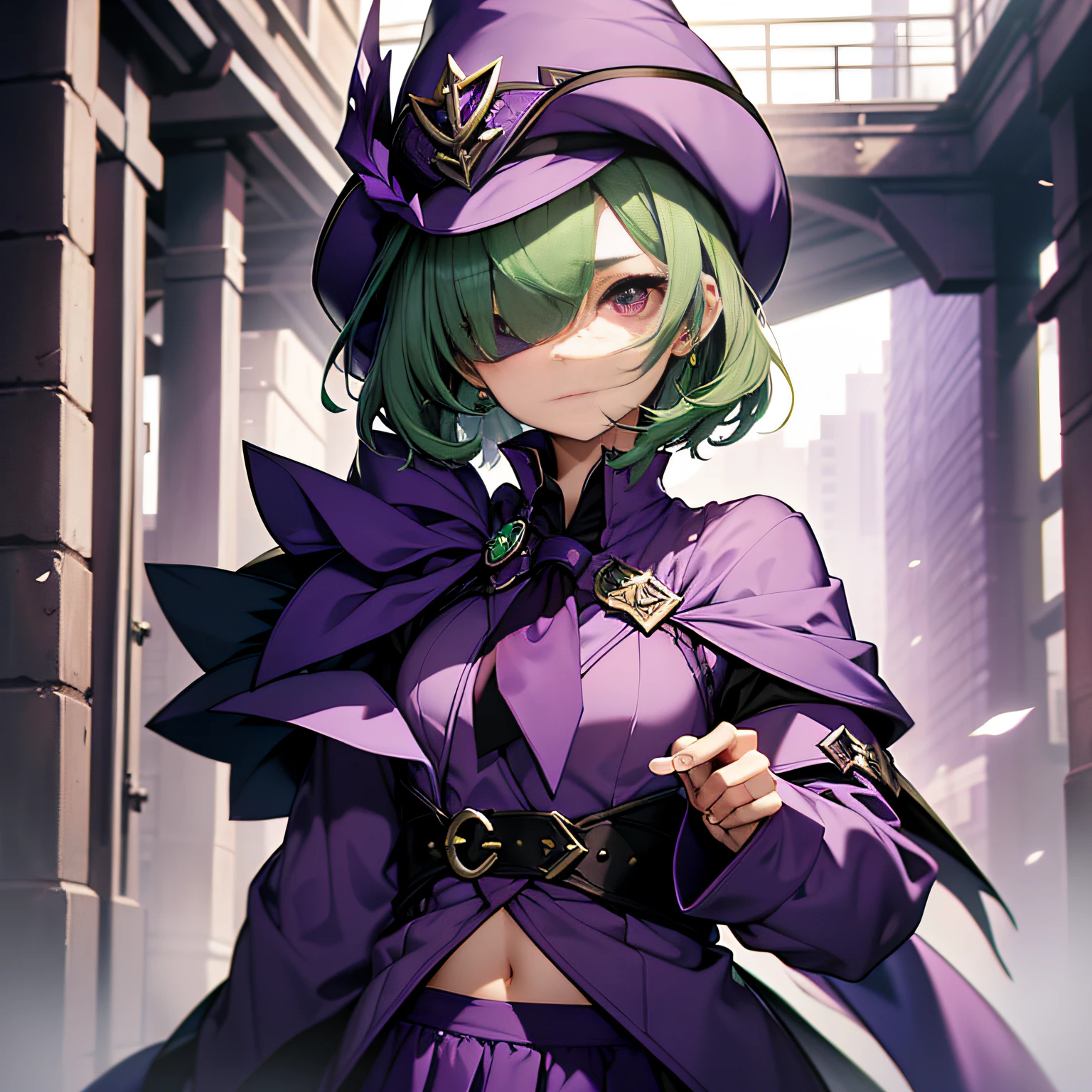 top-quality、extremely delicate and beautiful、(A teenage girl)、Purple Eye、Green hair、short-haired、(Purple pointy hat)、Purple tie、Soio、shortsleeves、Purple skirt、Purple Wizard Robe、Navel、is standing、((Only one eye))、((Cuts on the face))