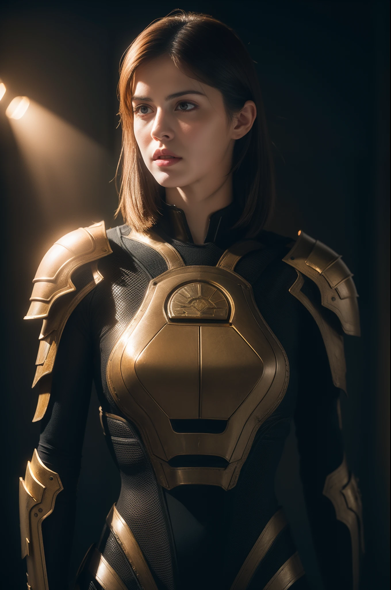 wildly attractive, Perfect slender female anatomy, wildly attractive, Alexandra Daddario wears intricately designed molten brown light armor with black accents, film photography, analogphoto, Film grain, Extreme Detail, 4K, Ultra HD, Charlie Octavia, Hyper-Realism, Trending on ArtStation, Polished, Beautiful, Radiant, synesthesia, Vibrant, Photorealistic, Backlight, hairlight, 8K resolution