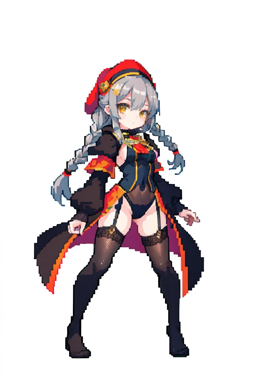 (masterpiece、top-quality、top-quality)、pixels、Pixel art、Loose gray hair braided twin tails、Yellow eyes、One girl、Dark Red Beret、((Brown cloak))、(Obscene leotard with a lot of black exposure)、full body Esbian、huge-breasted、痴女、traveller、Black Knee High Socks、Idle Pose、Black garter belt
