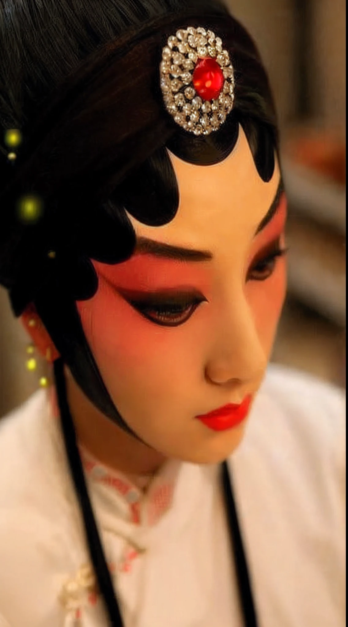a close up of a woman with a red and black hair, kabuki makeup, geisha make up, geisha makeup, traditional makeup, remarkable geisha make up, classic kabuki, china doll face, inspired by Xie Huan, peking opera, inspired by Li Mei-shu, inspired by Liu Jue, inspired by Otake Chikuha