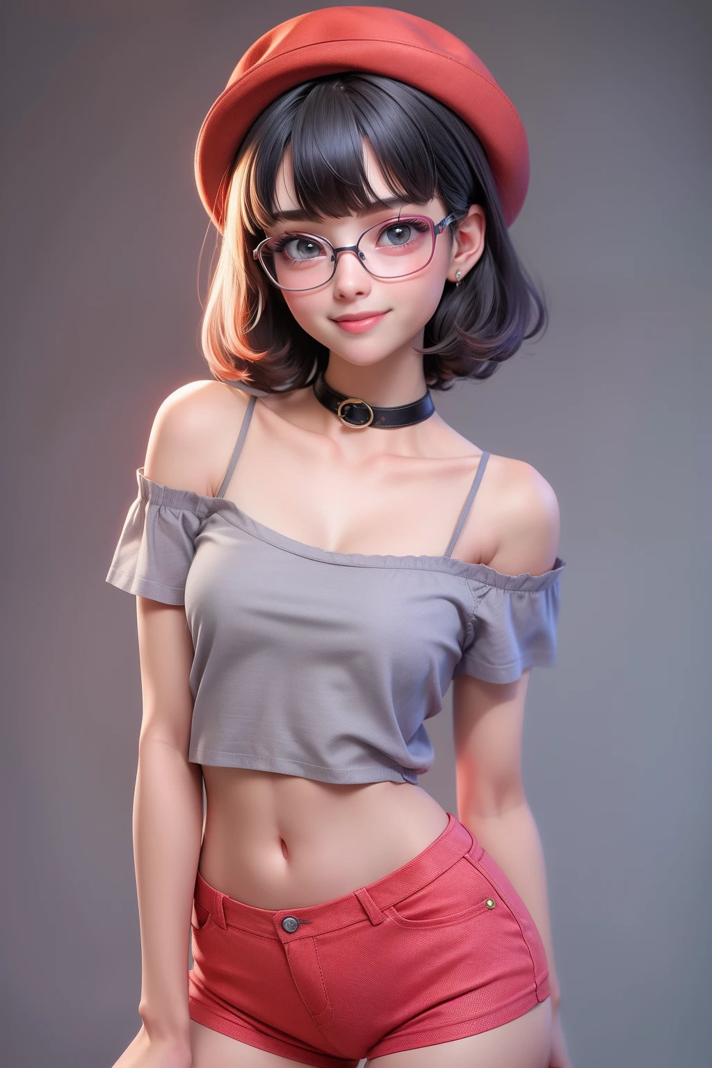 Animated image of an adorable doll-like girl with very short black hair cut like a pixie like a man................ Black eyes with doll eyeliner and glasses look young... . The girl has a big torso and hips and is naked....