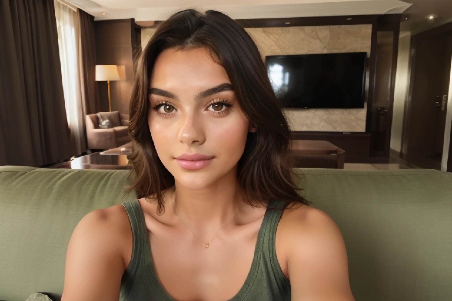 Jeune femme brune, selfie snapchat portrait, Histoire Instagram, olive skin, visage , belles formes, hotel, tv background, bright light, selfie, tanktop