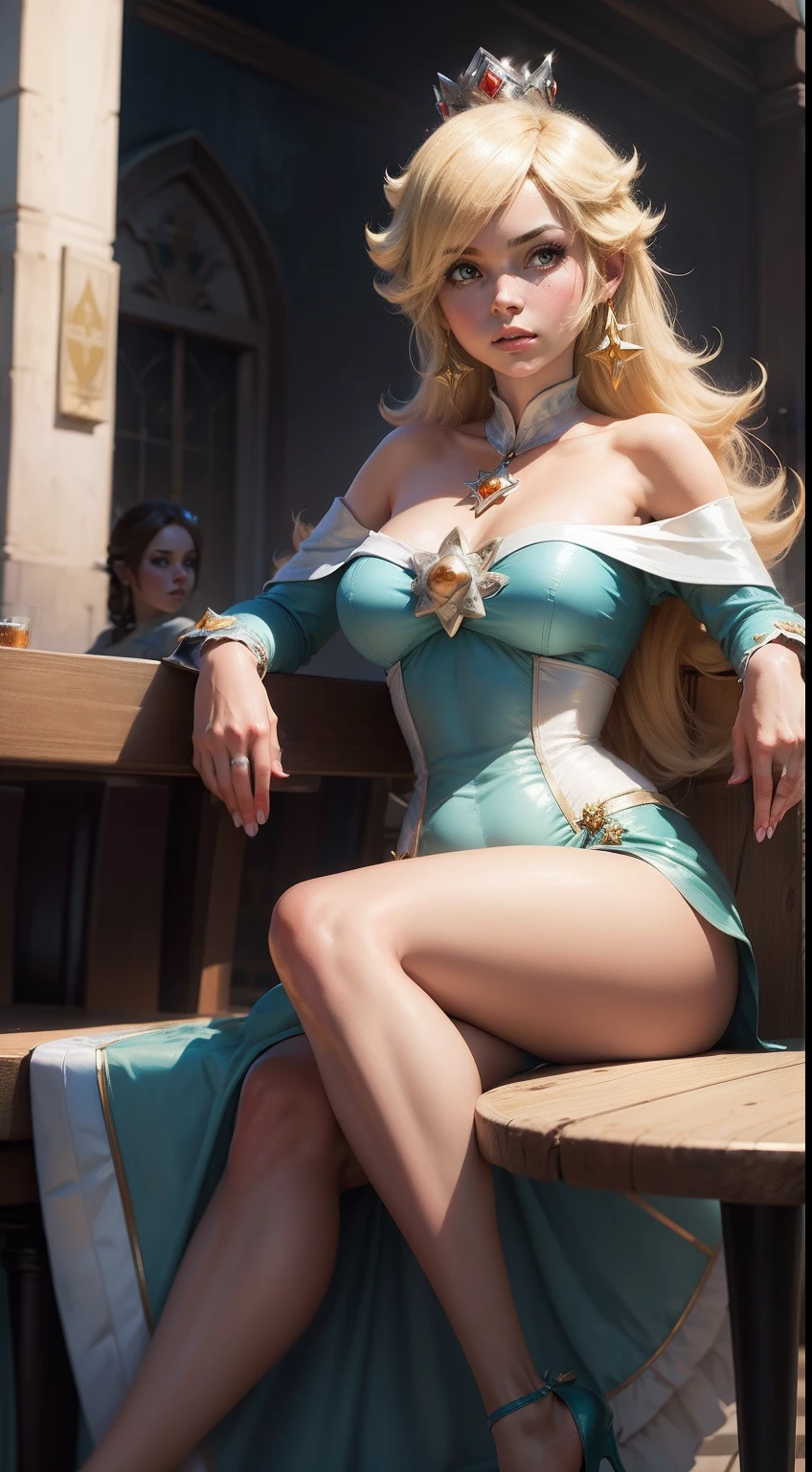 Princess Rosalina on the restaurant, sitting on the table,, by Frank Frazzetta