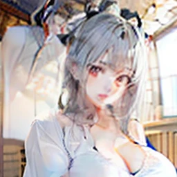 ((high quality)),table top,(Detailed depiction of local details:1.2),1 Japanese girl,(plump breasts:1.3),Enchanted Valley,closed mouth,eyelash,looking at the viewer,portrait,alone,Upper body,gray hair,white theme,short hair,silver hair,Yoruhano. 2 Type B,