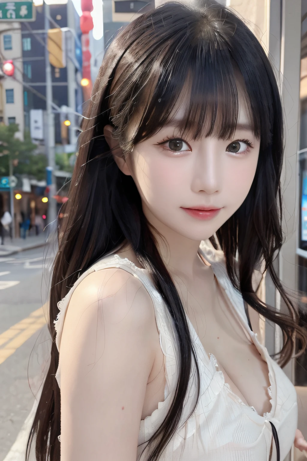 (8K、Raw photography、超A high resolution、top-quality、masterpiece:1.2)、(realistic illustration)、(Highly detailed CG unified 8K dendenden wallpaper)、absurderes、 1 girl in、21years old、beautiful countenance、Medium chest、Black medium hair、A smile、Tilting head、s Office、The upper part of the body、乃木坂アイドル、女優、韓国アイドル,Hair is black。cheeks are slightly pink。Transparent skin。A smile that makes you feel innocent。 Her eyes with、Illuminated by soft light。A smile。Laughing。narrow her eyes。Her skin is shiny and shiny、Bring out the beauty of the city at night。Loose long hairstyle tied together at the back。、Hair swaying in the wind makes her charm even more pronounced.。(makeups:0.4)、(fluffy black eyes:1.21)、Black eyes、look up sky。dark brown hair、Social media and profile pages、Park Gyu-young, female actress from korea, Cute Korean Actress。top-quality、masterpiece、extremely delicate and beautiful、ighly detailed、8K Picture Wallpaper、astonishing、finely detail、huge filesize、ighly detailed、hight resolution、extremely detailed eye and face、 Stunning detailed eyes、Facial light、(The best illustrations:1.1)、超A high resolution、(Photorealsitic:1.1)、(Photorealistic 1.2:1.1)、Realistic facial proportions、Slimed、A smile、(Irregular irregular skin defects、vein、Wrinkled pores on the skin:1.2)、Skyscraper background。
