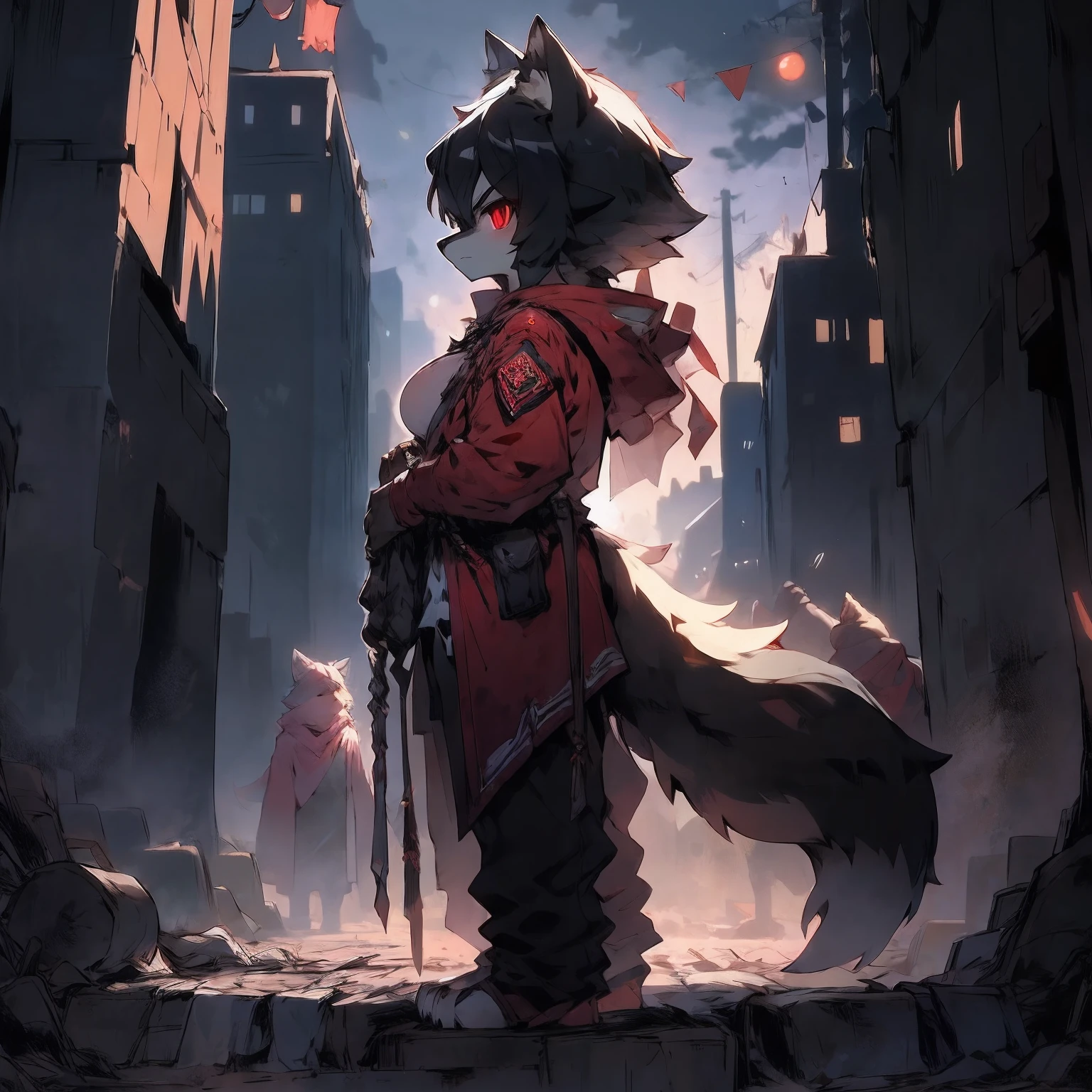 Gray Wolf Girl, Black color hair,Black fur,Tall guy, in a soldier uniform,Red armbands,Red flag, Holding a black sword, Background with:废墟, Gray sky,, There are other figures in the distance, Dilapidated buildings, Black hair, The hood worn, army, hair pulled back, Shiny hair, constricted pupil,, Pupil of the slit, Hollow eyes, red color eyes, Wolf ears, long and pointed ears, Serious, Determined, From below, projected inset, stereograms, shadowing, High detail, anime big breast, ccurate, (Best quality), Anatomically correct,standing on your feet