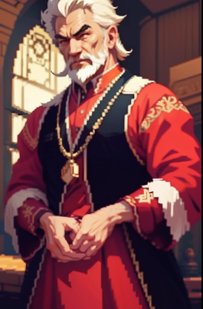 Older men,独奏,Simple solid color background,Stand up,Bust,baron,52 years old,blond hairbl、Touristy、Old,Red and black satin dress；,(巨作,Top quality,Best quality,pix,Pixel art)