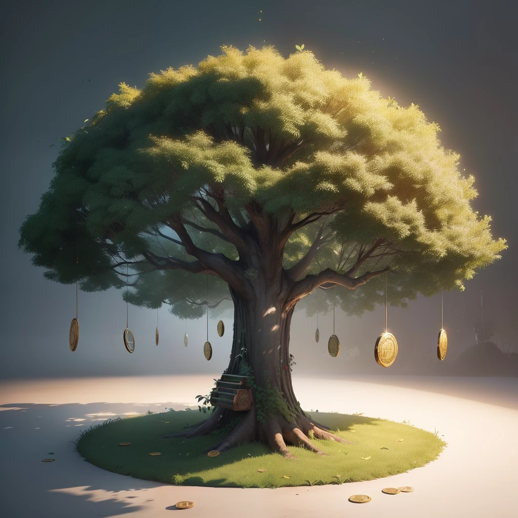 The cash cow is displayed in its entirety,Large leaves,Illustration of a cash cow, A smooth gold coin tree,Coin tree concept art,big leafs,Gold coins hanging from trees,(gold coins:1.4) Cash cow fantasy, game prop, Focus on the tree、in graffiti style,Soft lighting,handpainted,2d vector art
