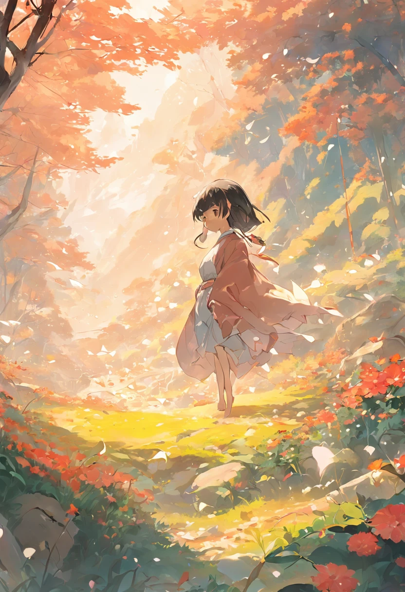 "and Izumi yarn fog"High quality CG drawings,Meticulous depiction,Extremely beautiful bloom, It emphasizes the softness and agility of the spring mist,A fairyland-like scene, Elegant scenery,Japanese illustration style,light breeze,Flowers fall,Clear creek,warm sunlight,Mesmerizing visuals.