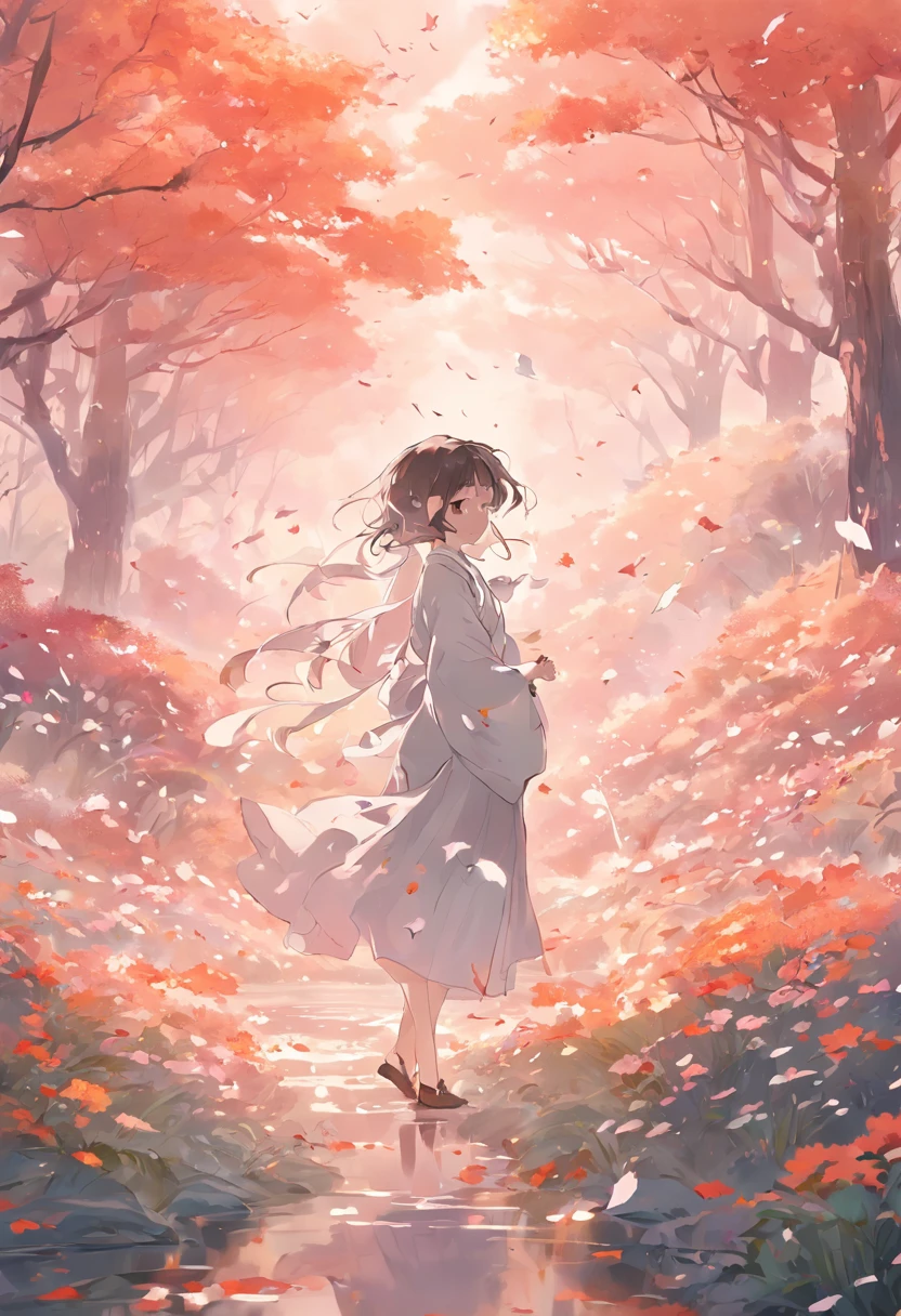 "and Izumi yarn fog"High quality CG drawings,Meticulous depiction,Extremely beautiful bloom, It emphasizes the softness and agility of the spring mist,A fairyland-like scene, Elegant scenery,Japanese illustration style,light breeze,Flowers fall,Clear creek,warm sunlight,Mesmerizing visuals.