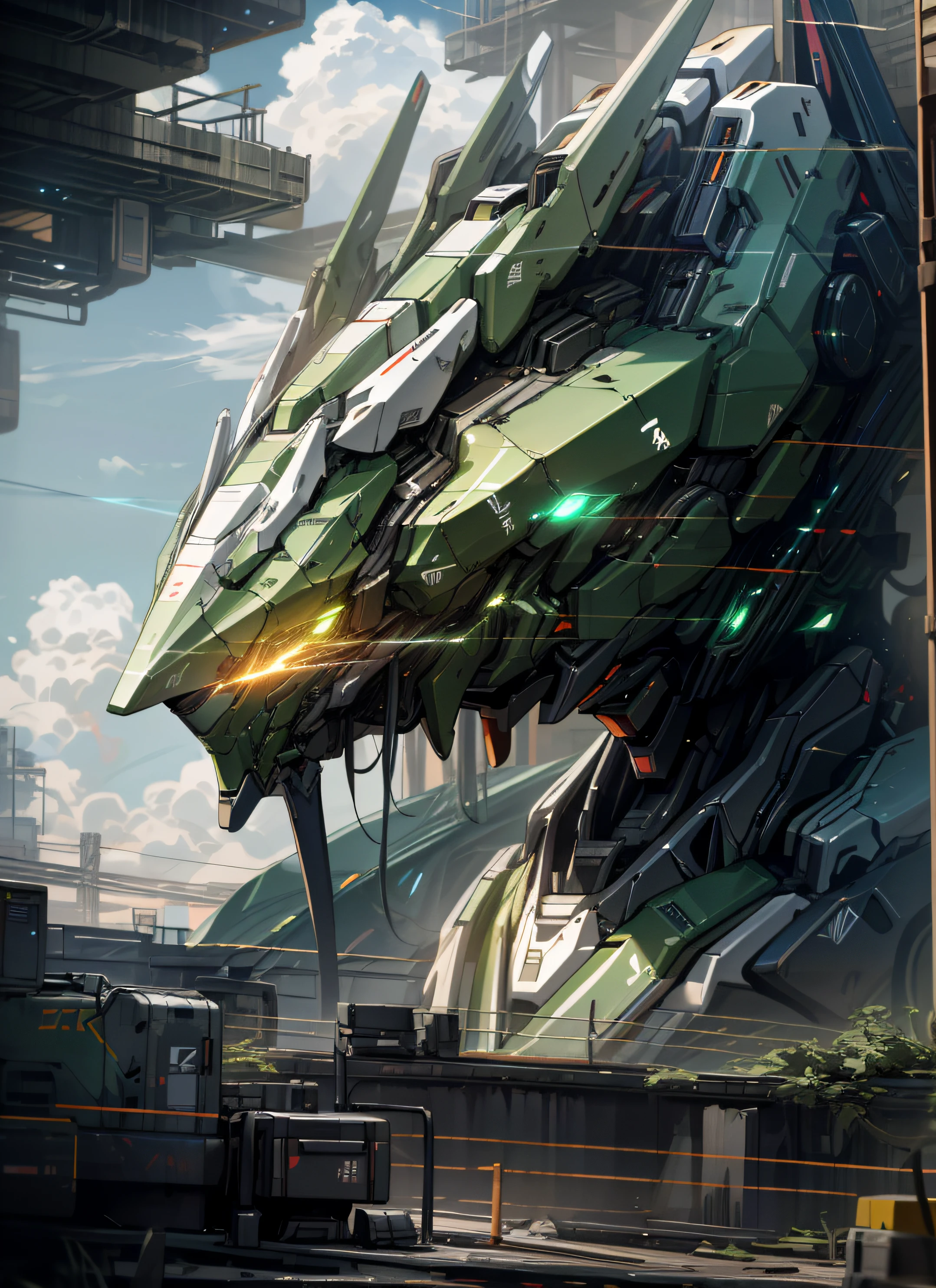 Skysky,clouds,holding_weapon,no_humans,with light glowing,,droid,buliding,glowing_eyes,mecha,scientific fiction,Huge green mech,Realistis,mecha,8K