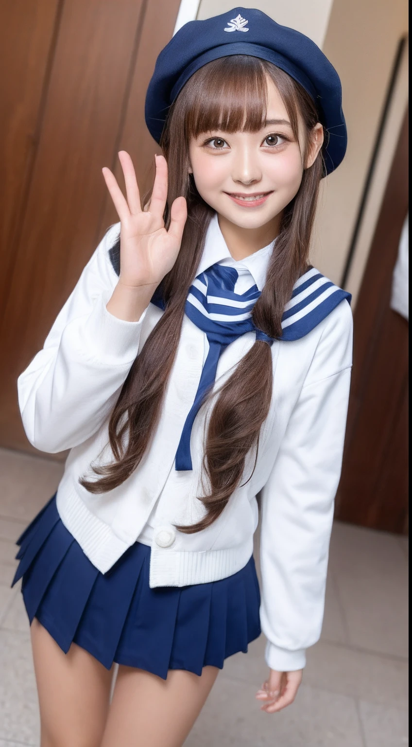 4K、top-quality、masutepiece、 18-year-old woman in Japan、skin tanned、gals、The idol-like face is cute、Brown hair、waved hair、White Blazer Uniform、School Uniforms mini Skirt、Wear loose socks、lowfers、Classroom、a sailor suit、Hats、a smile、