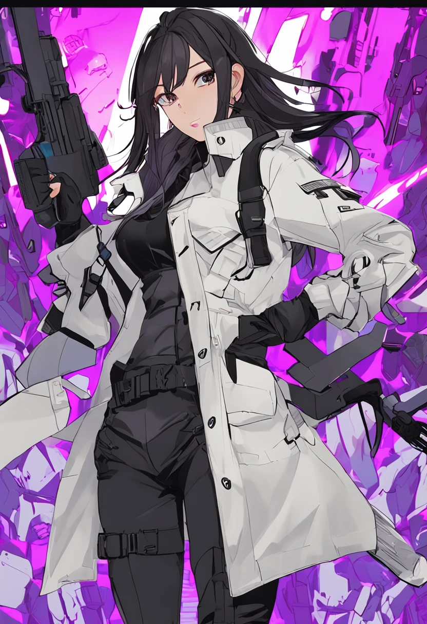 Two-dimensional woman,Long white silky hair,Bright purple pupils,White trench coat with black hard vest armor,A tactical belt hangs a black pocket,Black slim trousers with leggings,A pair of black tactical high-top boots,4k高清
