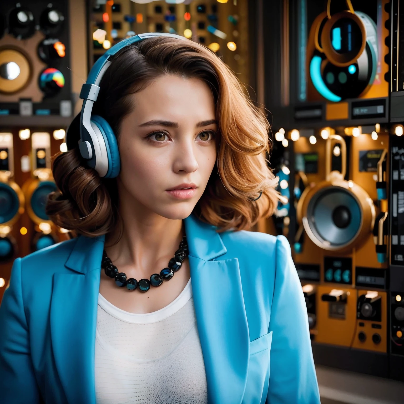 Woman wearing blue jacket and headphones in front of a wall of audio equipment, com fones de ouvido, com fones de ouvido, menina usando fones de ouvido, style hybrid mix of beeple, Usando fones de ouvido, headphones on head, retrato de alta qualidade, usando fone de ouvido moderno, advertising photo, foto de retrato, Fones de ouvido DJ Rave, no estilo cyberpunk, Fones de ouvido ligados, Audiophile, Profissional bonito e coerente, microfone na frente, locutora