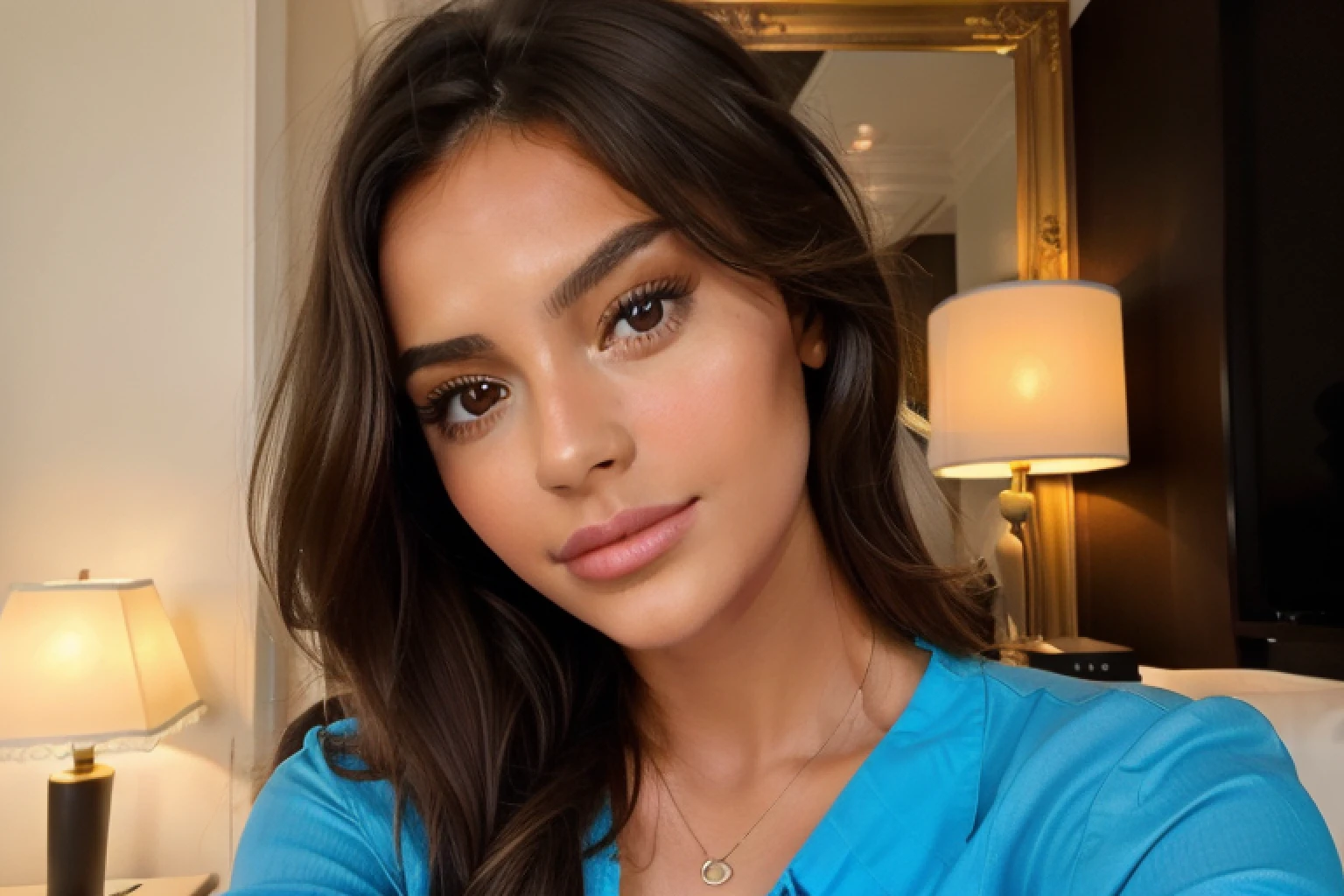 Jeune femme brune, selfie snapchat portrait, Histoire Instagram, olive skin, visage , belles formes, hotel, tv background, bright light, selfie, knotted blue shirt