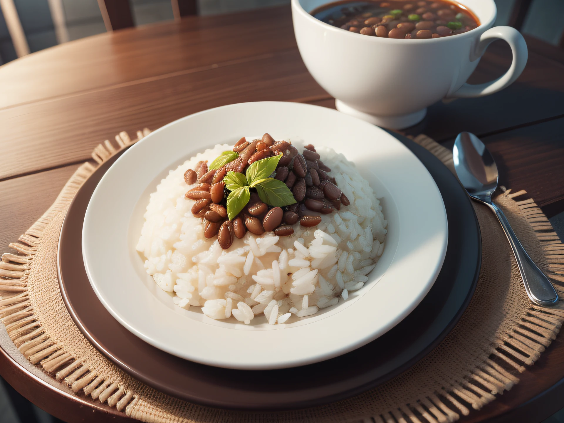 Crie um imagem em formato quadrado, from a table set with beans and rice