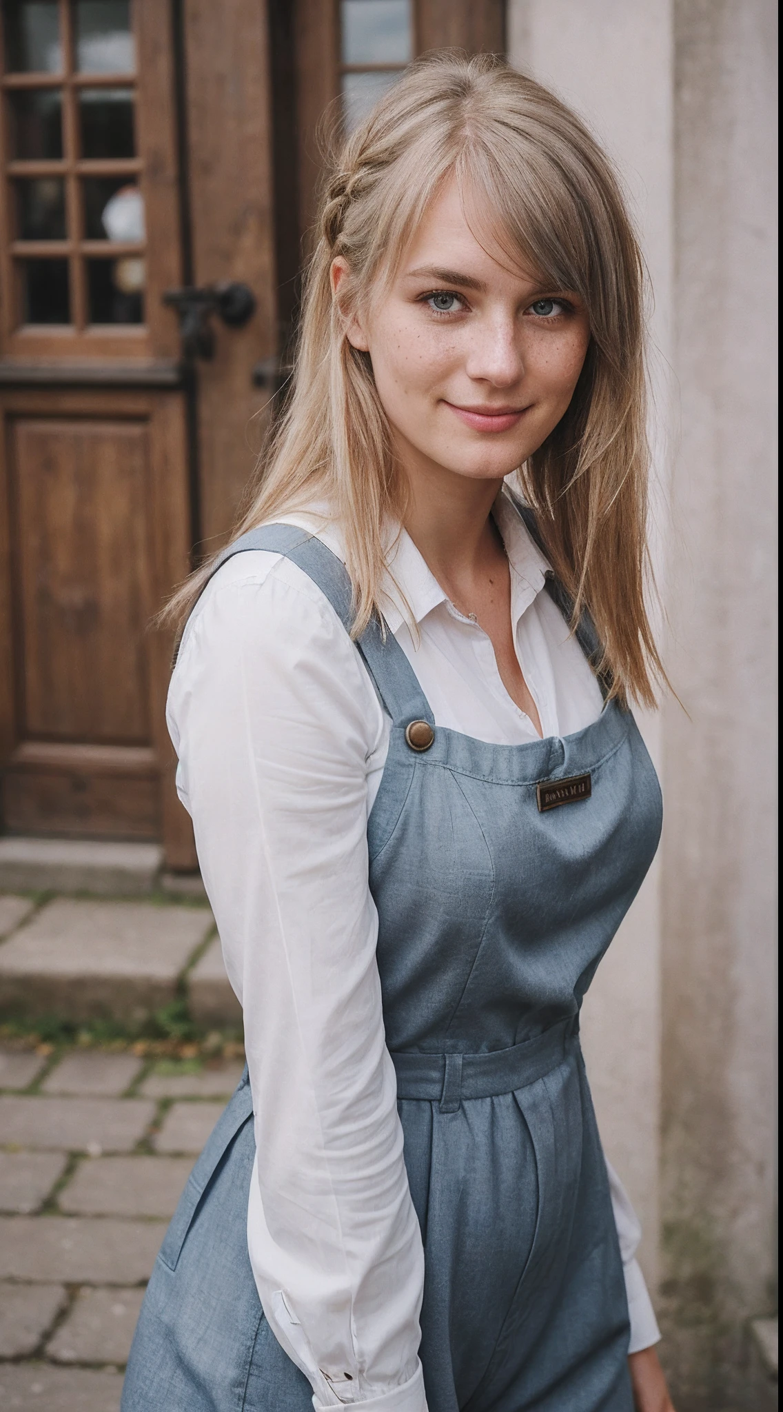 cute german girl with dirty blond hair and blue grey eye smile in Old German Town. She is around 28 years old and currently doing PhD. She has straight hair with front bang cut hairstyle. Her height is 171cm and she weight 70kg`. She has a little bit freckles in her cheek and nose. She is wearing Bavarian lederhosen.