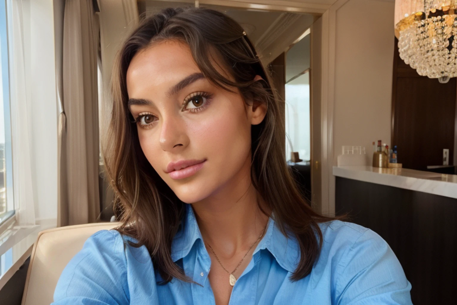 Jeune femme brune, selfie snapchat portrait, Histoire Instagram, olive skin, visage , belles formes, hotel, bright light, selfie, knotted blue shirt