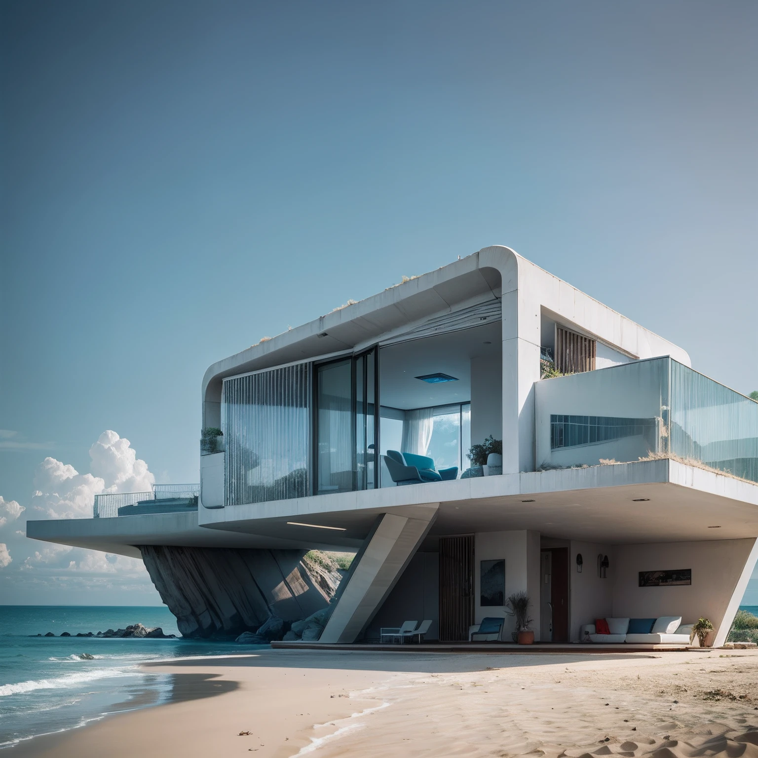 A futuristic house on the edge of the beach