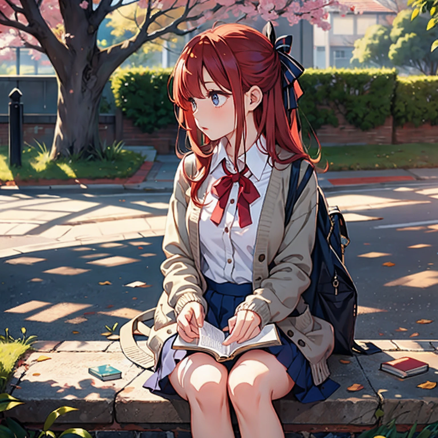 The girl reading a book、Red-haired、long eyeslashes、profile、Ribbon on the head、skirt by the、Cardigan、under tree、