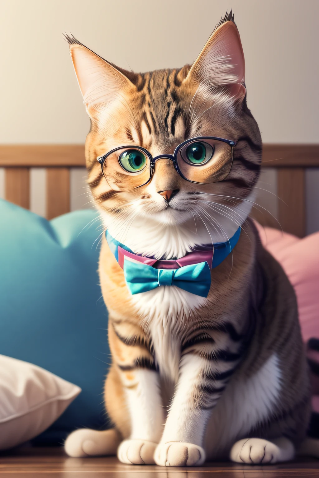 there is a cat wearing glasses and a bow tie sitting on a bed, intellectual cat, cute cat, cute cat photo, nerdy, nerdy appearance, spectacled, awesome cat, elegant cat, funny cat, with glasses, adorable digital painting, nerdy glasses, a cute cat, very nerdy, portrait shot, looking smart, cat photo, anthropomorphic cat