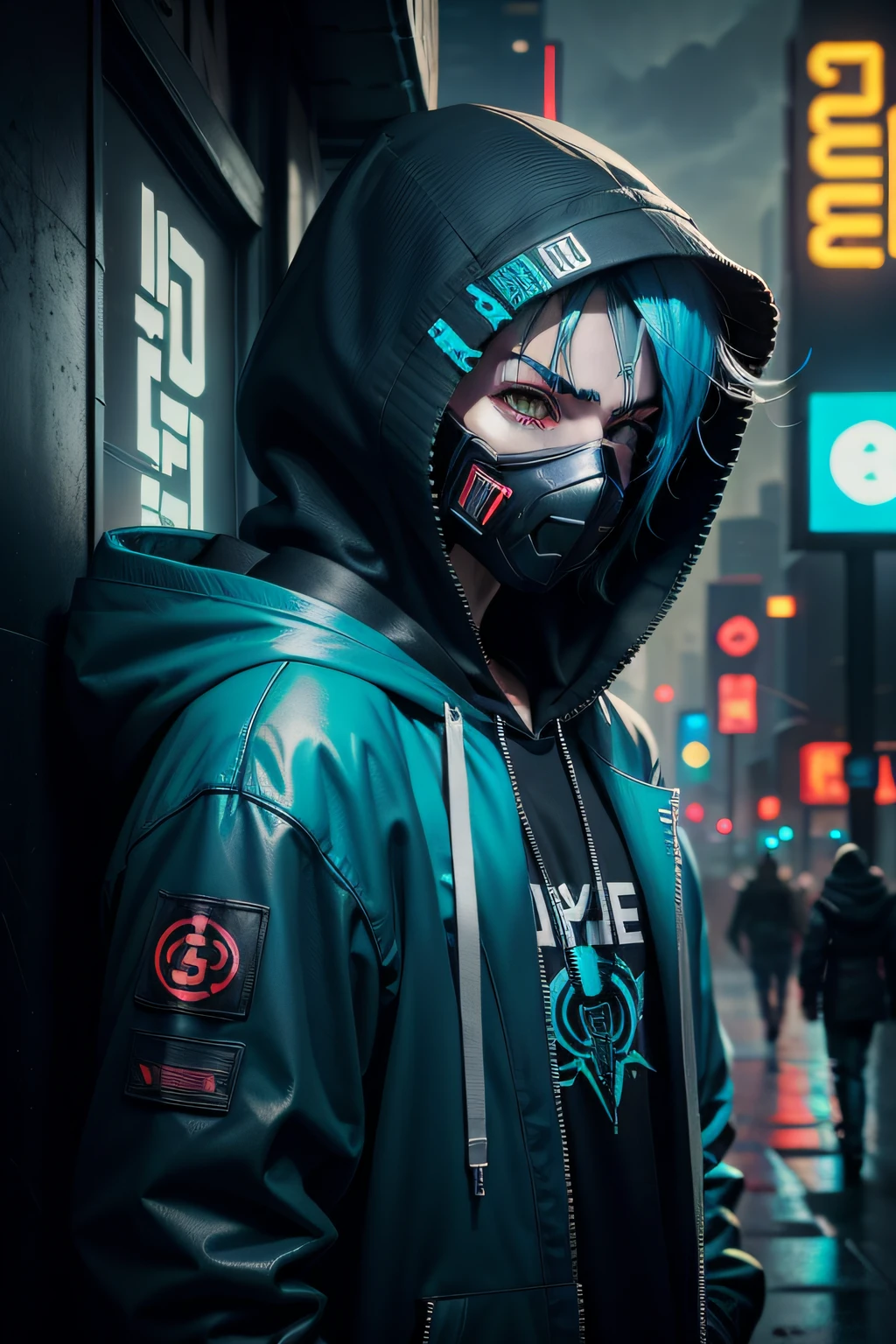 There was a boy wearing a mask and a black hoodie,With a knife in his hand, Hyper-realistic cyberpunk style,Digital cyberpunk anime style,cyan colors
