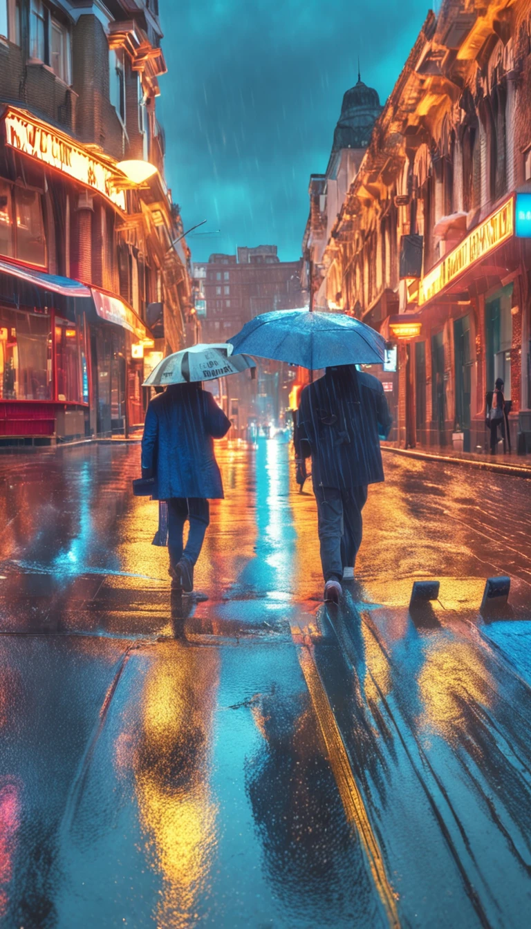 Blue sky,rainbowing,rain drops,zebra crossings,Pedestrians with umbrellas