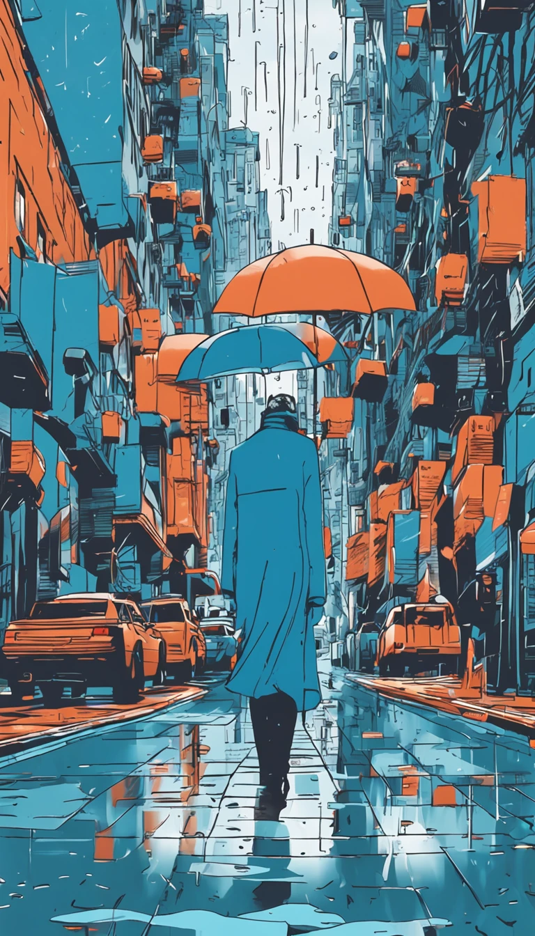 Blue sky，rainbowing，rain drops，zebra crossings，Pedestrians with umbrellas